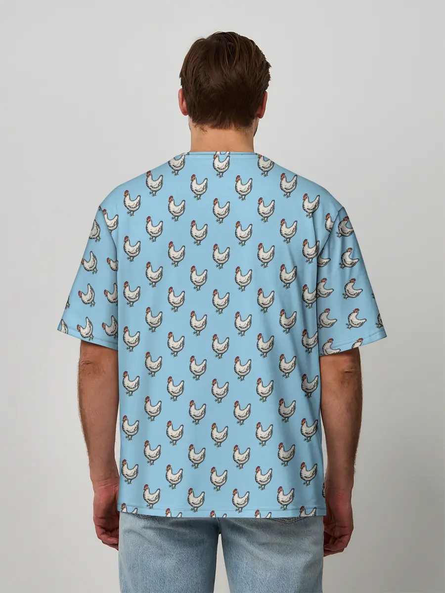 Мужская футболка оверсайз / Белая курочка паттерн