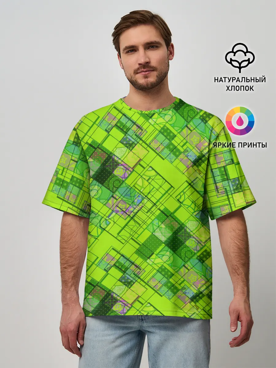 Мужская футболка оверсайз / Ярко-зеленый абстрактный узор