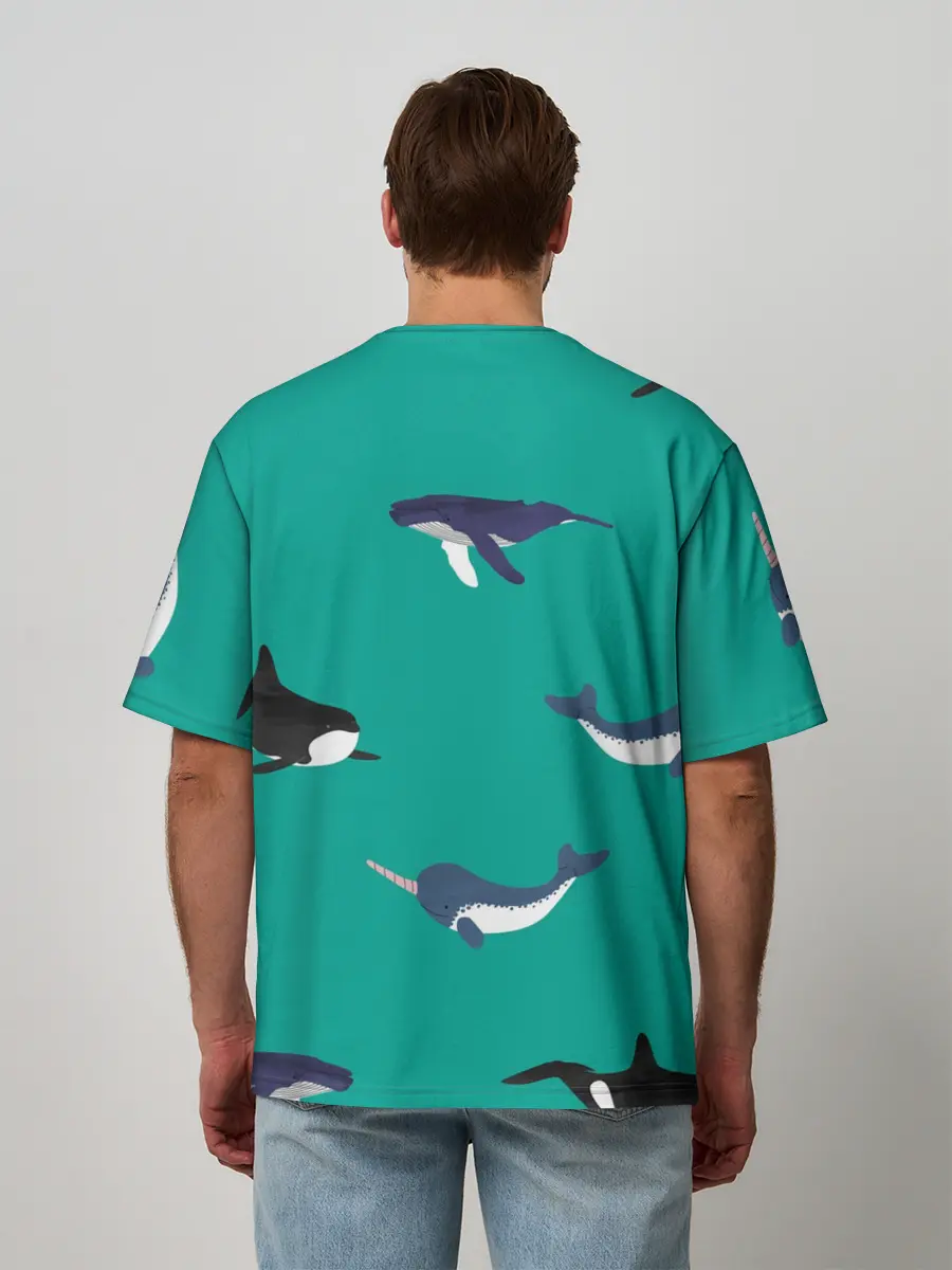 Мужская футболка оверсайз / Нарвал, киты, касатка паттерн