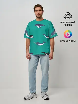 Мужская футболка оверсайз / Нарвал, киты, касатка паттерн