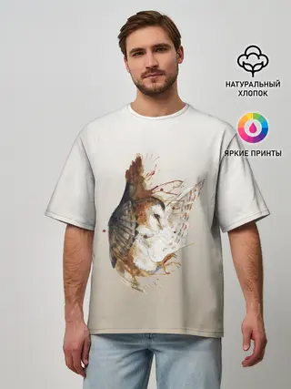 Мужская футболка оверсайз / летящая сова рисунок