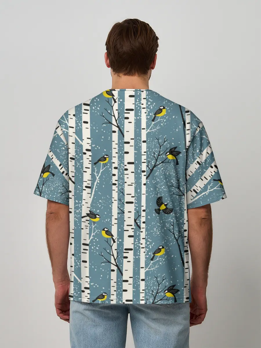Мужская футболка оверсайз / Синички на берёзах