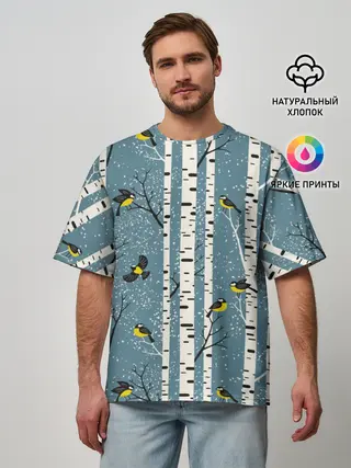 Мужская футболка оверсайз / Синички на берёзах