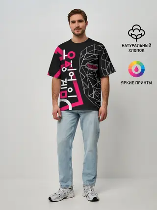 Мужская футболка оверсайз / Игра в кальмара - маска Ведущего