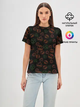 Женская базовая футболка / Хэллоуин тыквы и корона