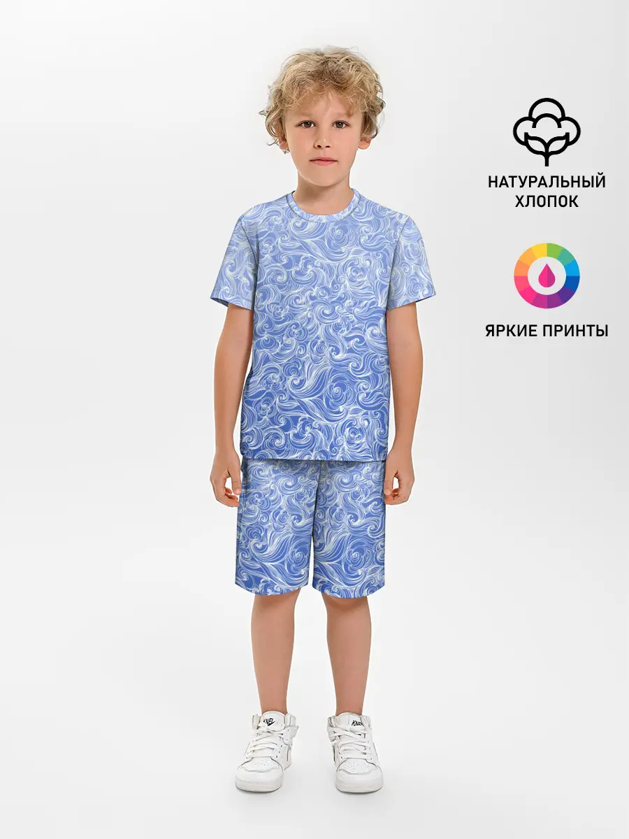 Детская пижама с шортами / Волны на голубом фоне