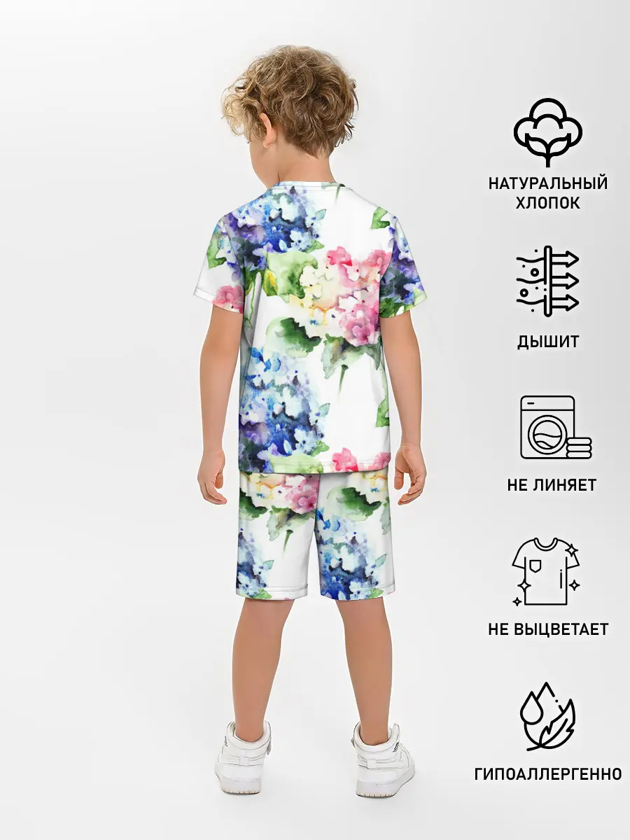 Детская пижама с шортами / Акварель, гортензии