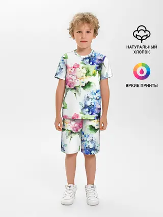 Детская пижама с шортами / Акварель, гортензии