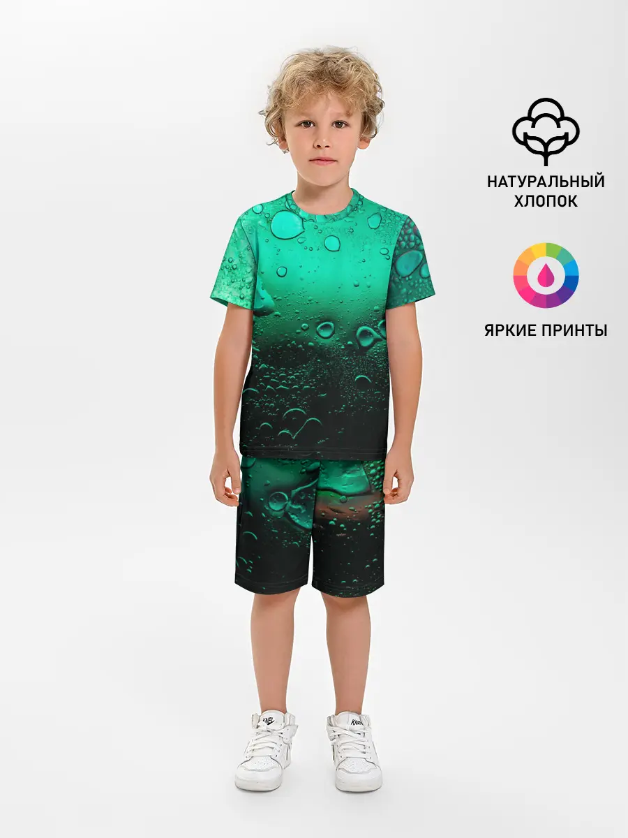 Детская пижама с шортами / Зеленые капли клетки