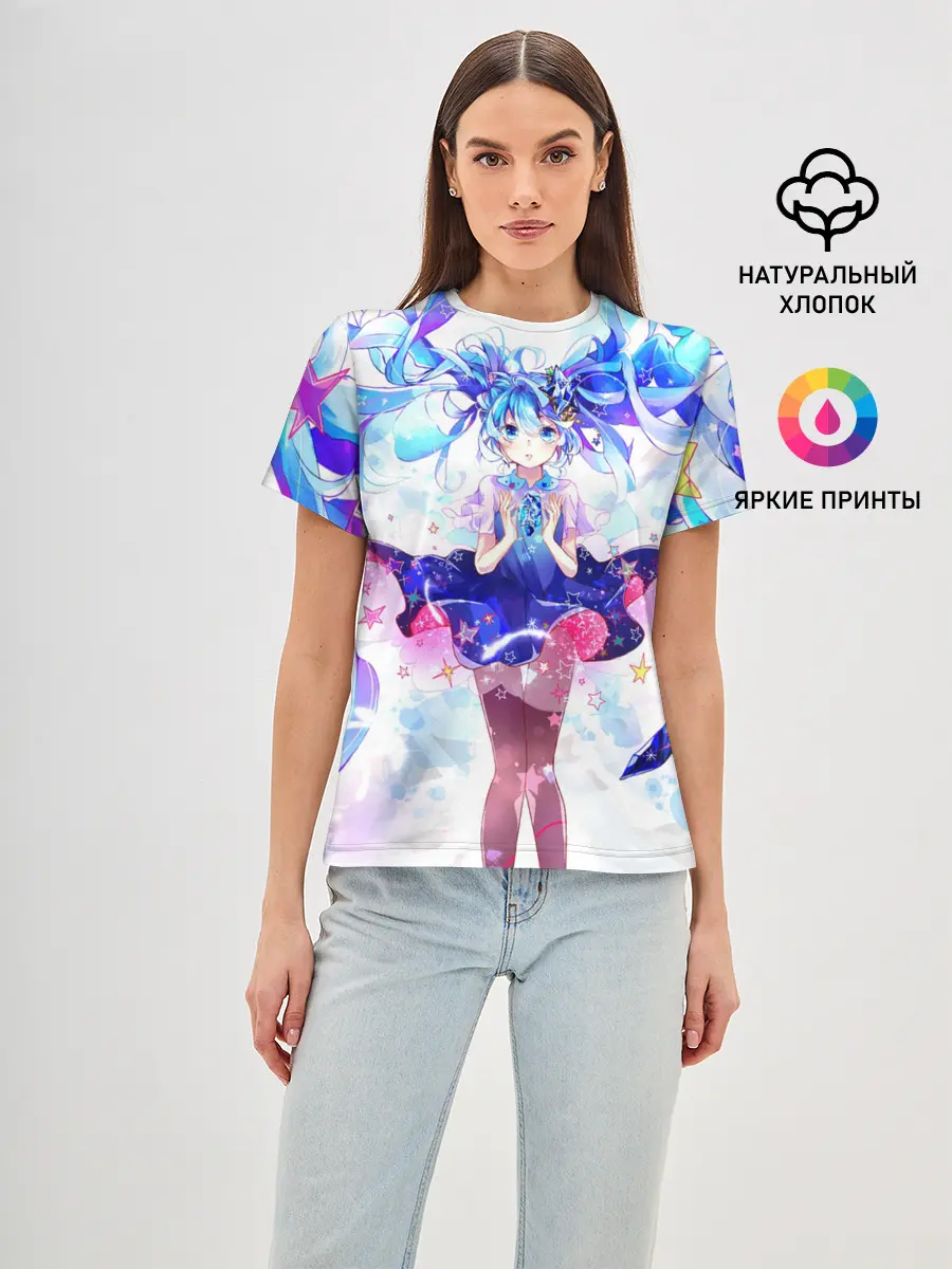 Женская базовая футболка / Хацуне Мику на красочном фоне