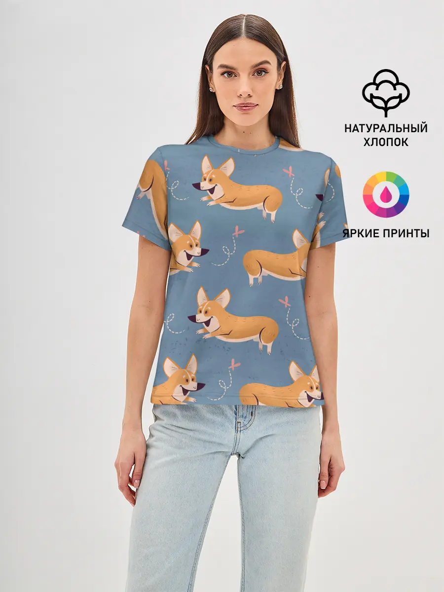 Женская базовая футболка / Корги с бабочкой