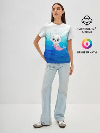 Женская базовая футболка / Котик русалочка | Русалка с сердечком