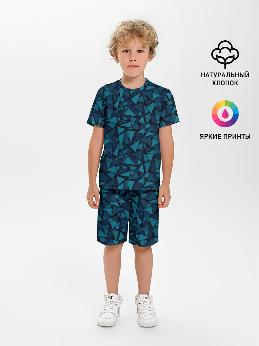 Детская пижама с шортами / Синий полигональный паттерн