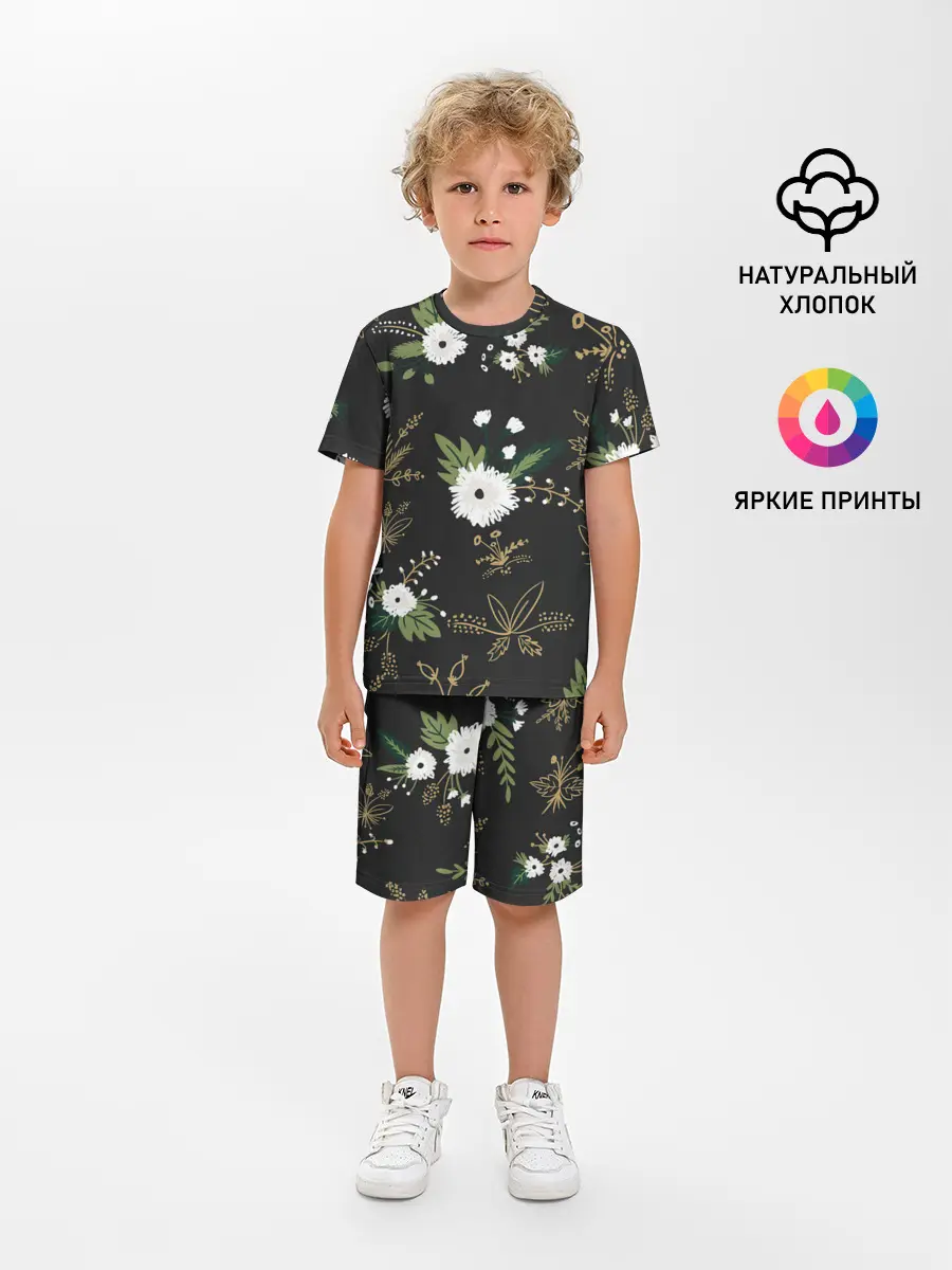 Детская пижама с шортами / Белые хризантемы