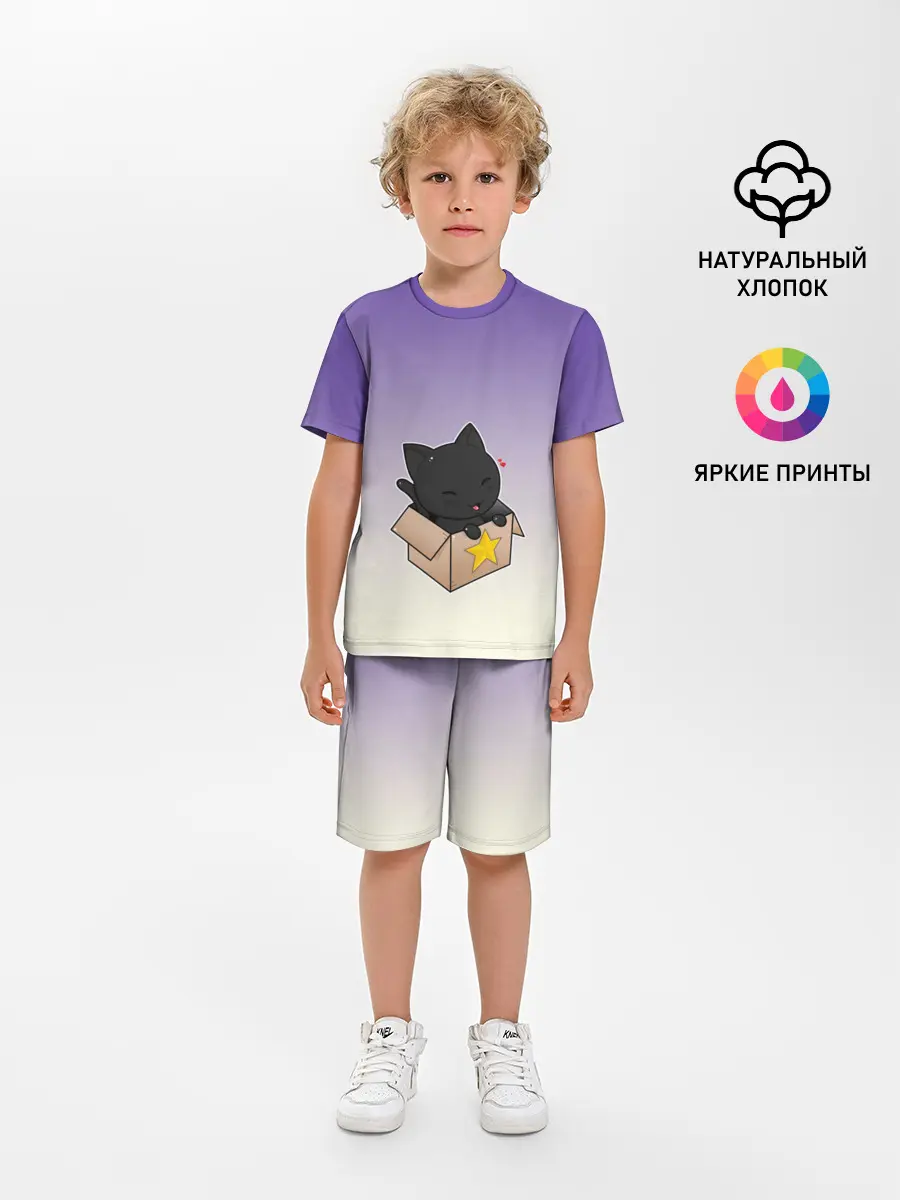 Детская пижама с шортами / черный котенок в коробке