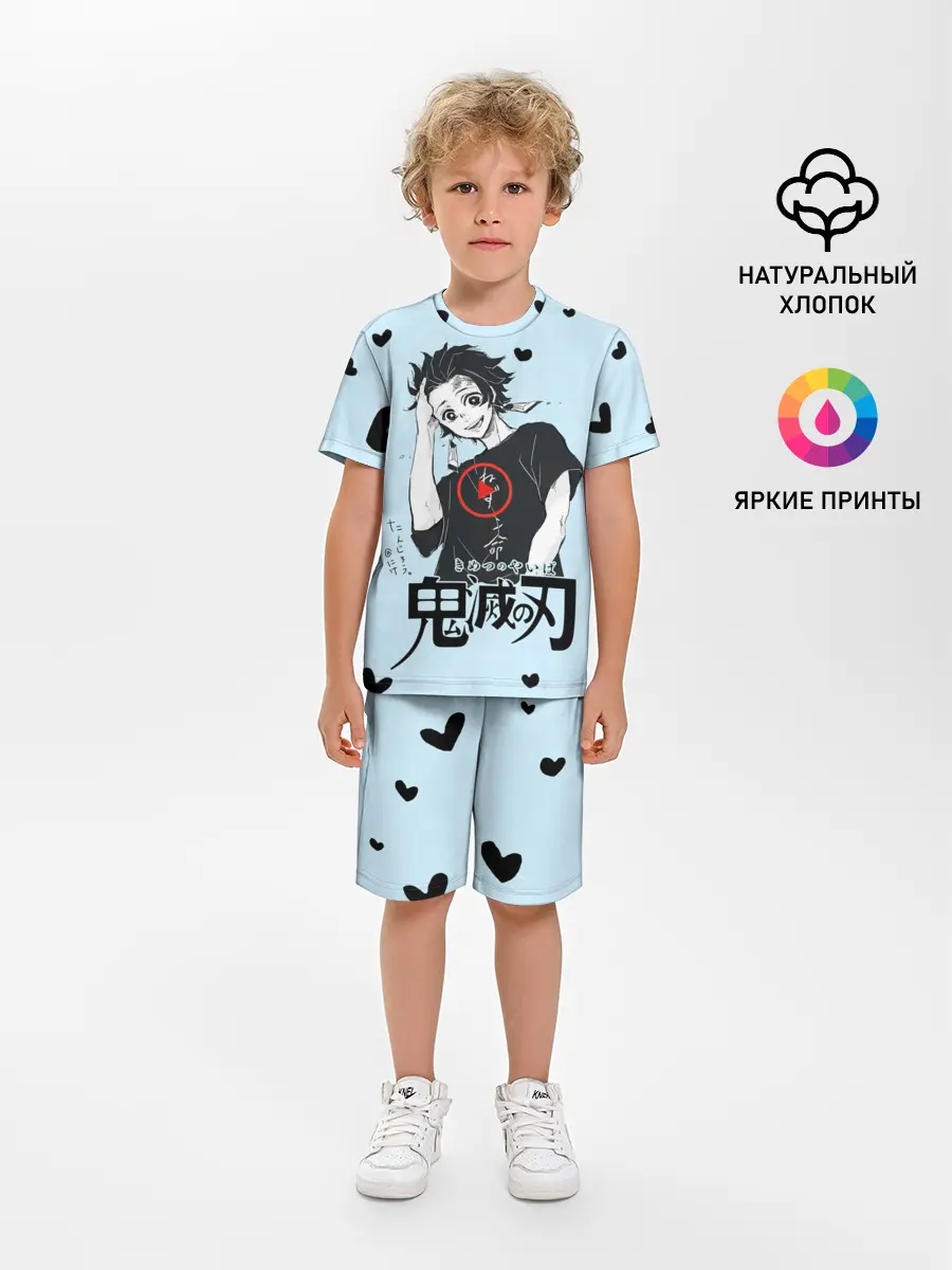 Детская пижама с шортами / Танджиро Камадо черные сердечки