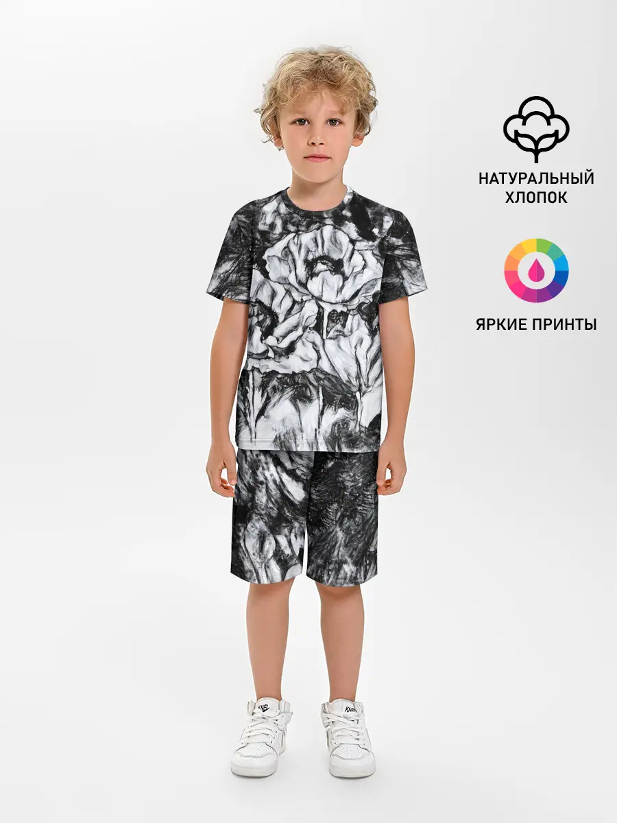 Детская пижама с шортами / Черно-белый узор. Маки.