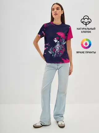 Женская базовая футболка / ДЕВУШКА В КИМОНО И ПТИЦАМИ