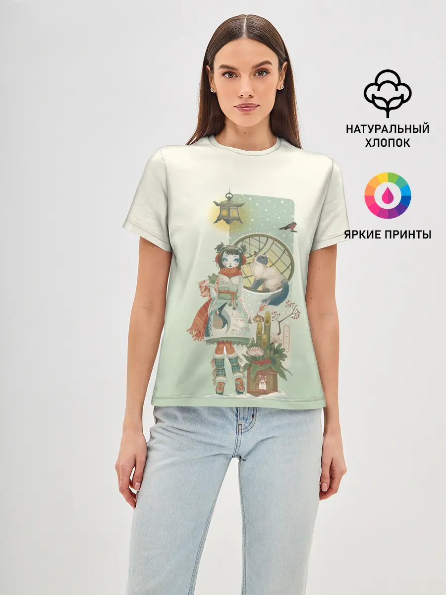 Женская базовая футболка / девушка кимоно зима Япония кот