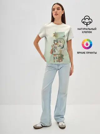 Женская базовая футболка / девушка кимоно зима Япония кот