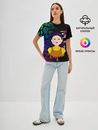 Женская базовая футболка / ИГРА В КАЛЬМАРА / SQUID GAME / КУКЛА / УЗОР