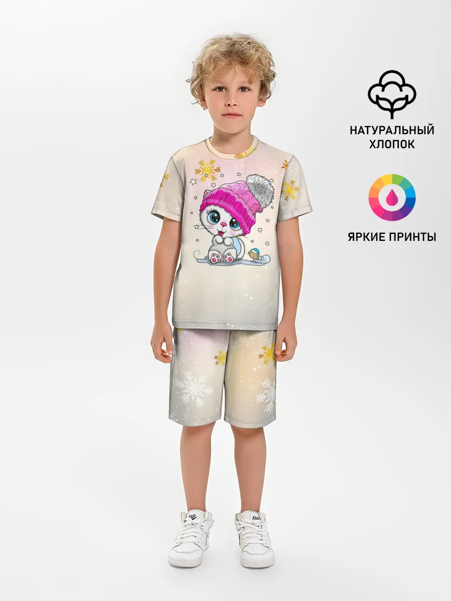 Детская пижама с шортами / Новогодний кот