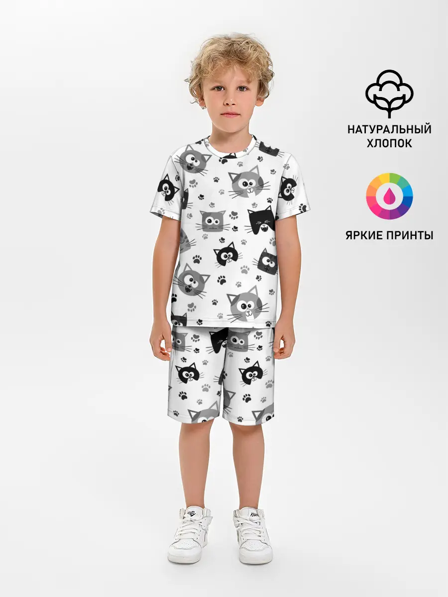 Детская пижама с шортами / Котики | ЧБ