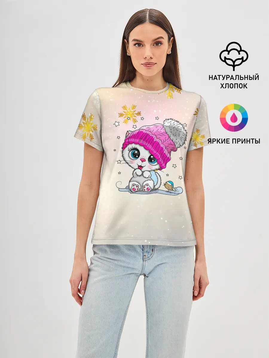 Женская базовая футболка / Новогодний кот