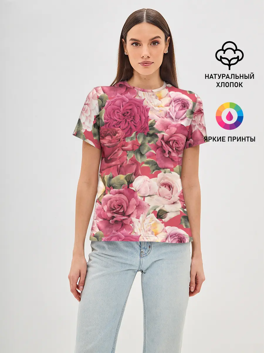 Женская базовая футболка / Акварель, розы