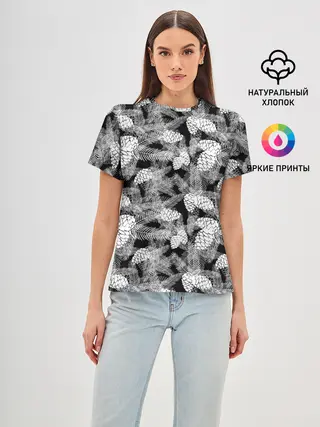 Женская базовая футболка / Черно-белый узор шишки