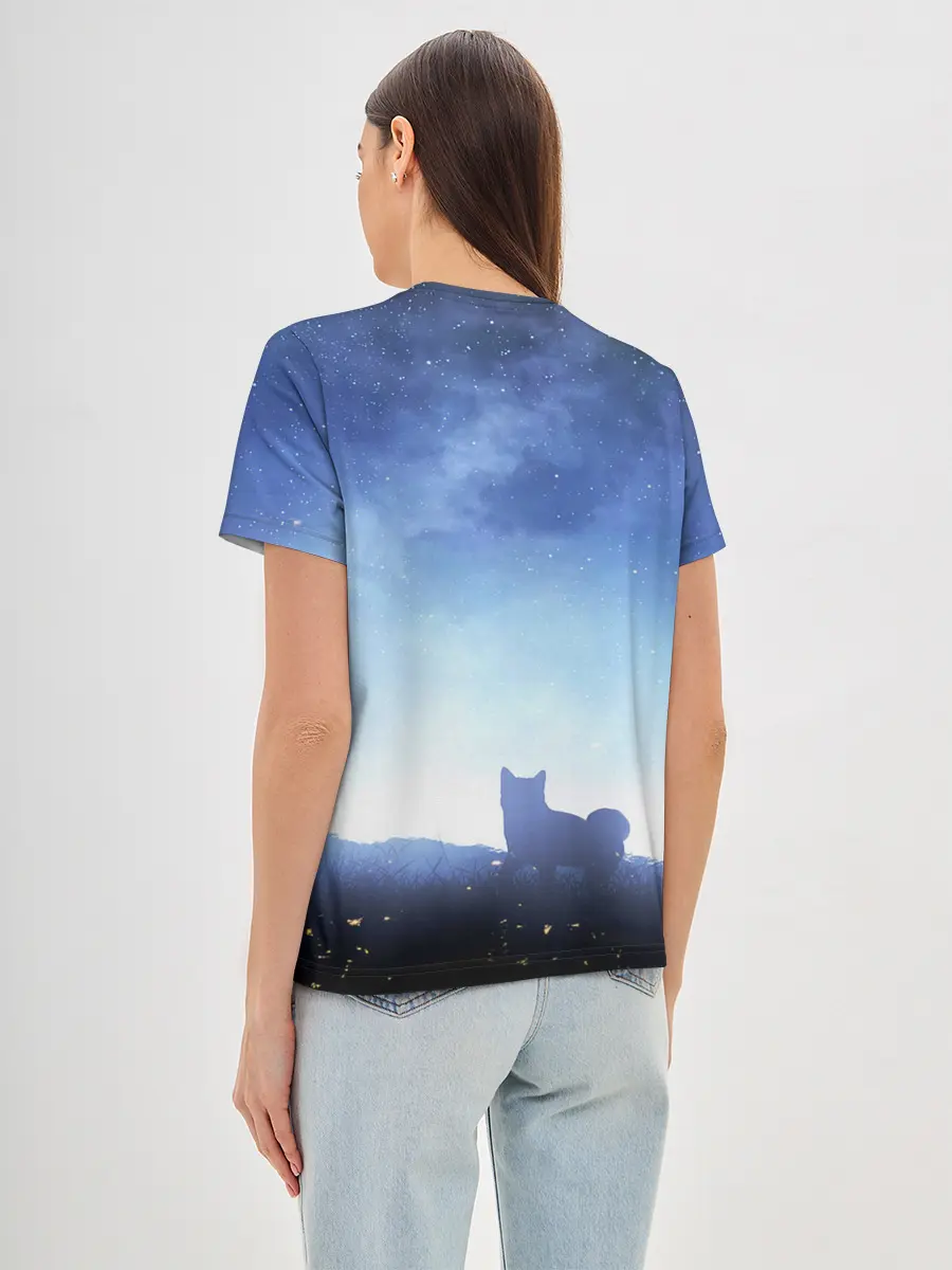 Женская базовая футболка / силуэт корги ночь космос дымка
