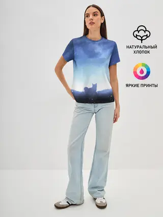 Женская базовая футболка / силуэт корги ночь космос дымка