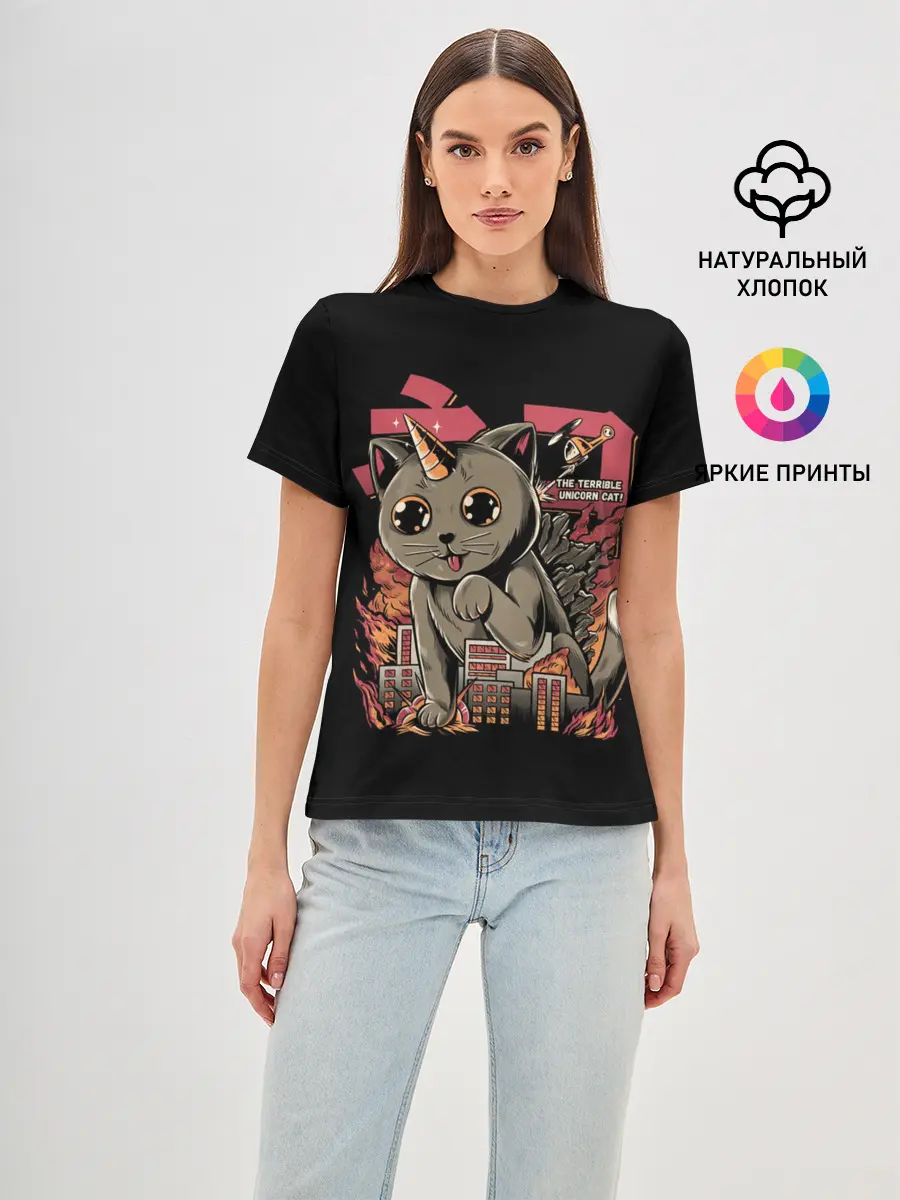 Женская базовая футболка / АНИМЕ КОТ-ЕДИНОРОЖЕК