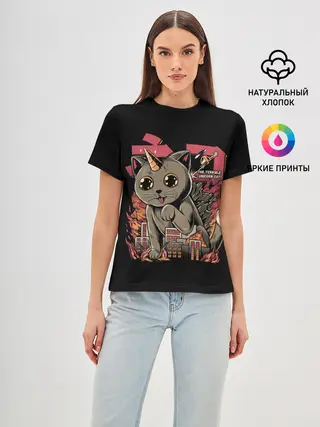 Женская базовая футболка / АНИМЕ КОТ-ЕДИНОРОЖЕК