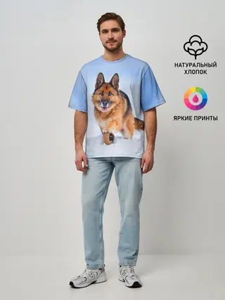 Мужская футболка оверсайз / Овчарка и снег