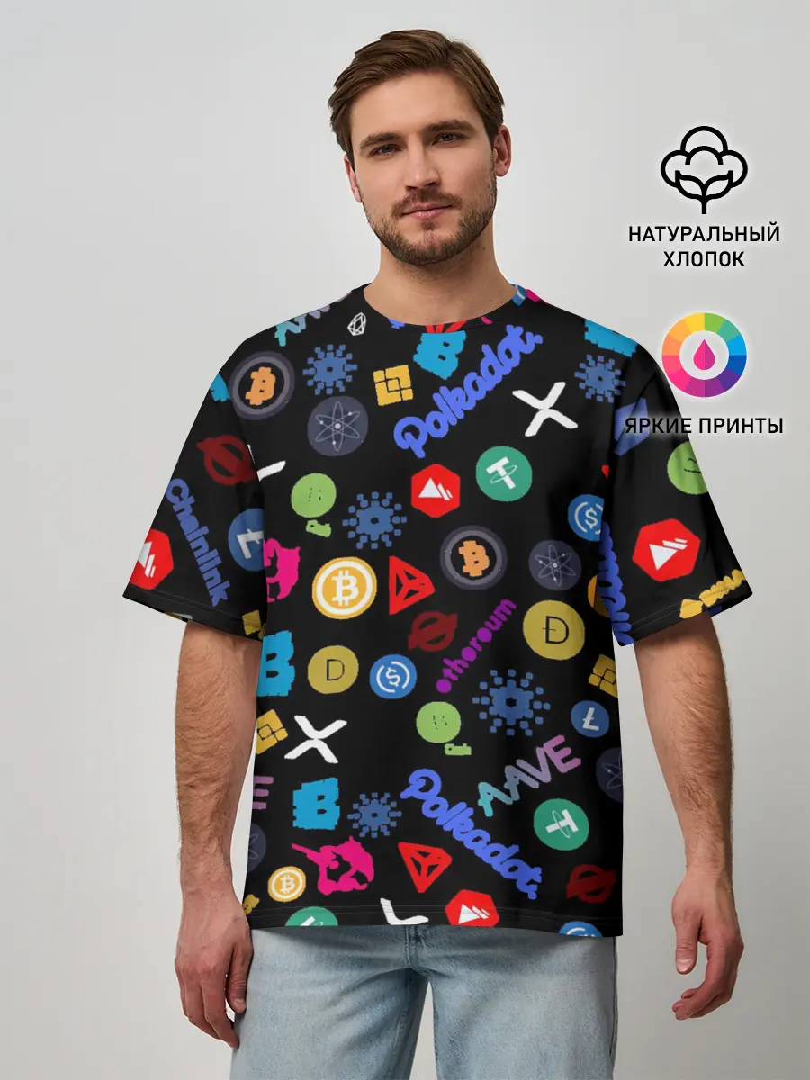 Мужская футболка оверсайз / BITCOIN PATTERN | БИТКОИН