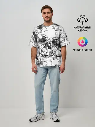Мужская футболка оверсайз / Цветочный череп