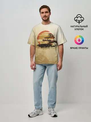 Мужская футболка оверсайз / Дерево на закате
