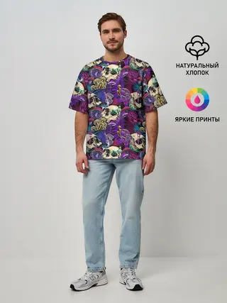 Мужская футболка оверсайз / Психоделика - черепа и грибы