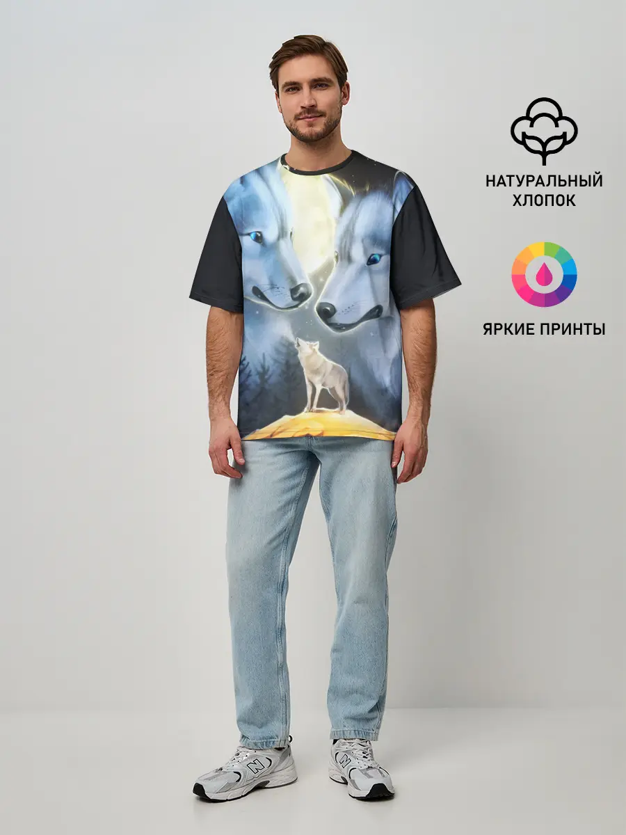 Мужская футболка оверсайз / ВОЛК В НОЧИ