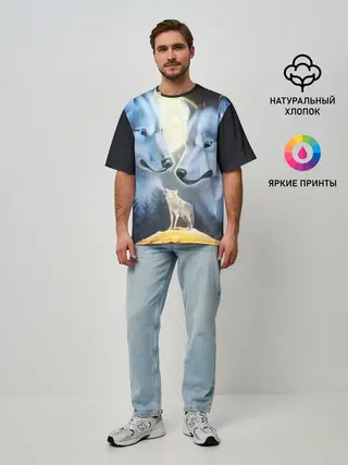 Мужская футболка оверсайз / ВОЛК В НОЧИ