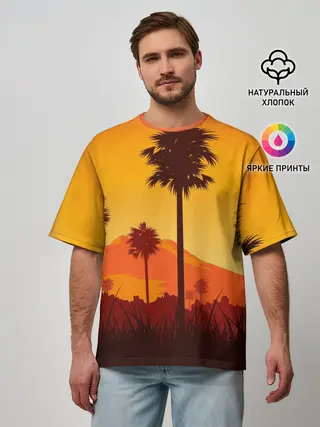 Мужская футболка оверсайз / Лето, Пальмы, вечер