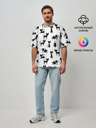 Мужская футболка оверсайз / КОШКИ БЕЛОЕ НА ЧЕРНОМ