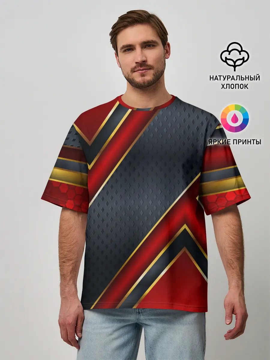 Мужская футболка оверсайз / Black & Red 3D
