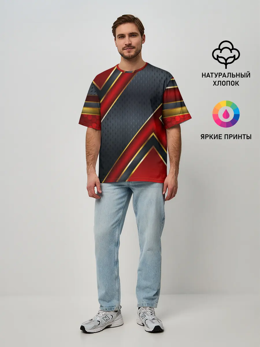 Мужская футболка оверсайз / Black & Red 3D