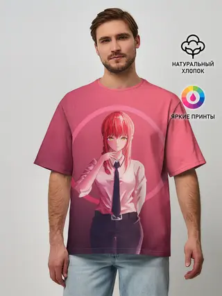 Мужская футболка оверсайз / Макима на красном фоне