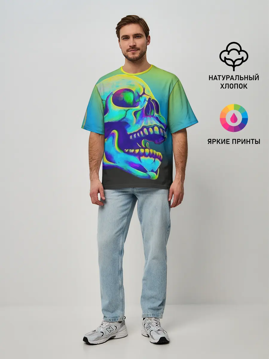 Мужская футболка оверсайз / Neon skull