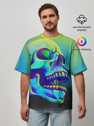 Мужская футболка оверсайз / Neon skull