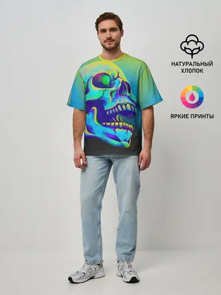 Мужская футболка оверсайз / Neon skull