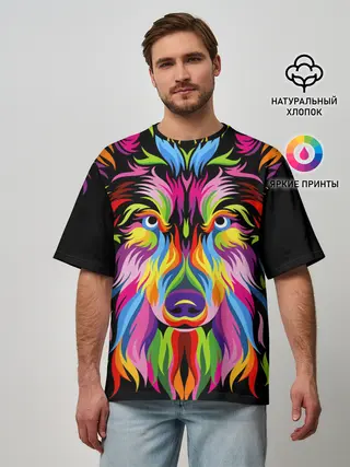 Мужская футболка оверсайз / Neon wolf